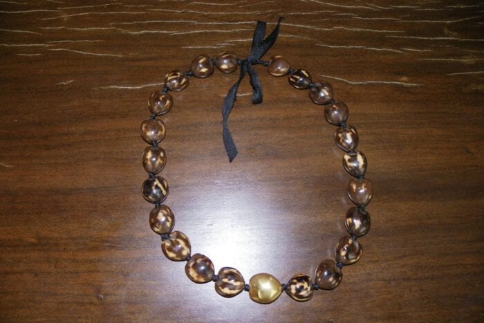27" Brown Tiger Eye Kukui Nut Lei w/24K Gold