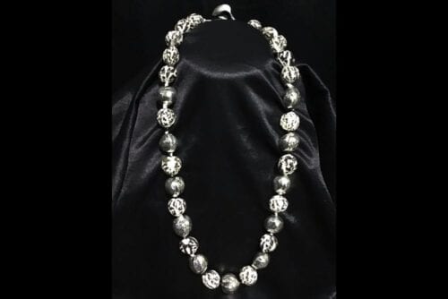 32 inch long, Black and White Tiger Kukui Nut Lei with 11 Pure 99% Silver Plated Tiger Kukui Nuts