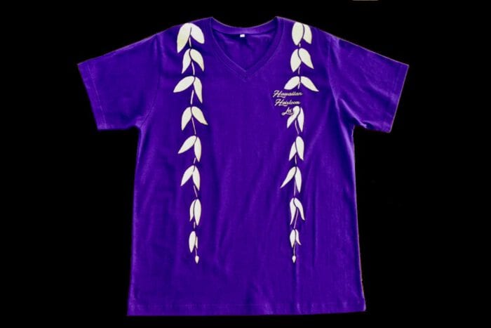 パープルの手描きTシャツ、ハワイアンマイレレイ、USAサイズL