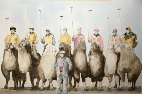 The Mongolian Camel Polo Team, original watercolor