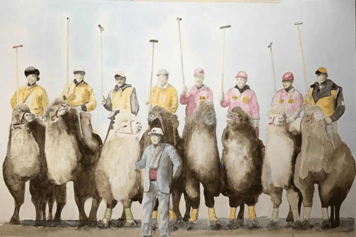 The Mongolian Camel Polo Team, original watercolor